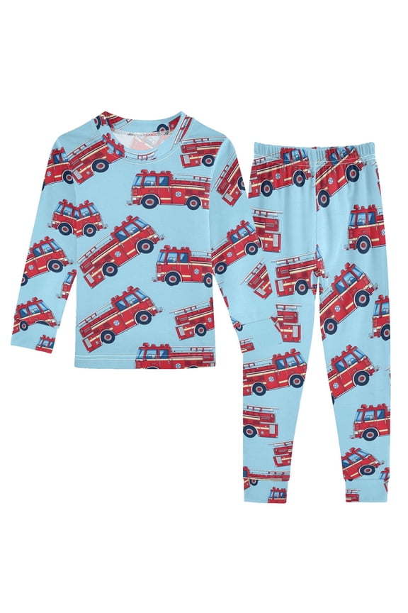 Cartoon Fire Trucks Pajamas Set Long Sleeve Soft Cotton Sleepwear 2 Piece 18M