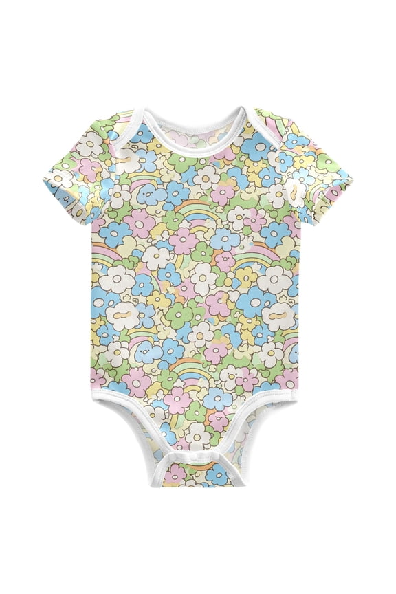 Cartoon Flower Rainbow Pattern Baby Bodysuits Short Sleeve Cotton Onesies Clothes 12Months