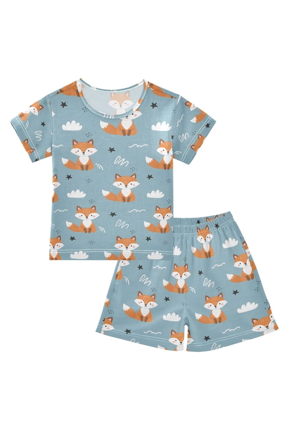 Cartoon Fox Pattern Pajama Sets Short Sleeve Cotton 2-Piece Sleepwear 10Y