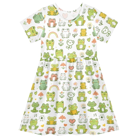 joogoo Cartoon Frog Floral Girls' Short Sleeve Dress Kids Dresses 5-6T