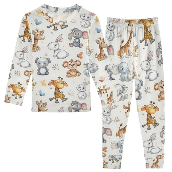 joogoo Cartoon Giraffes Elephants Rabbits 2 Piece Long Sleeve Tee and Pants Cotton Pajama Set 5Y