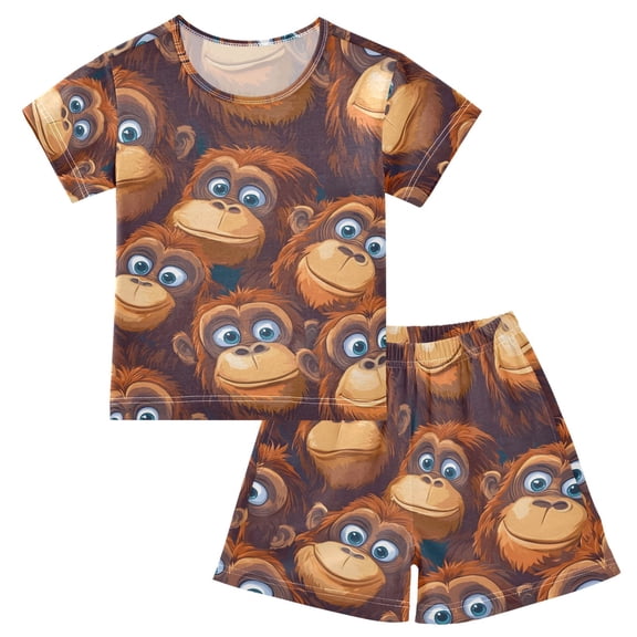 joogoo Cartoon Gorillas Pattern Pajama Sets Short Sleeve Cotton 2-Piece Sleepwear 8Y