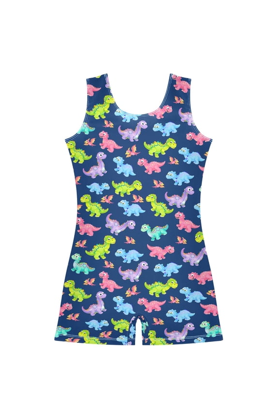 Cartoon Happy Dinosaur Pattern Girls Leotards Gymnastics Tumbling Outfit Biketard Unitard 2-3Years