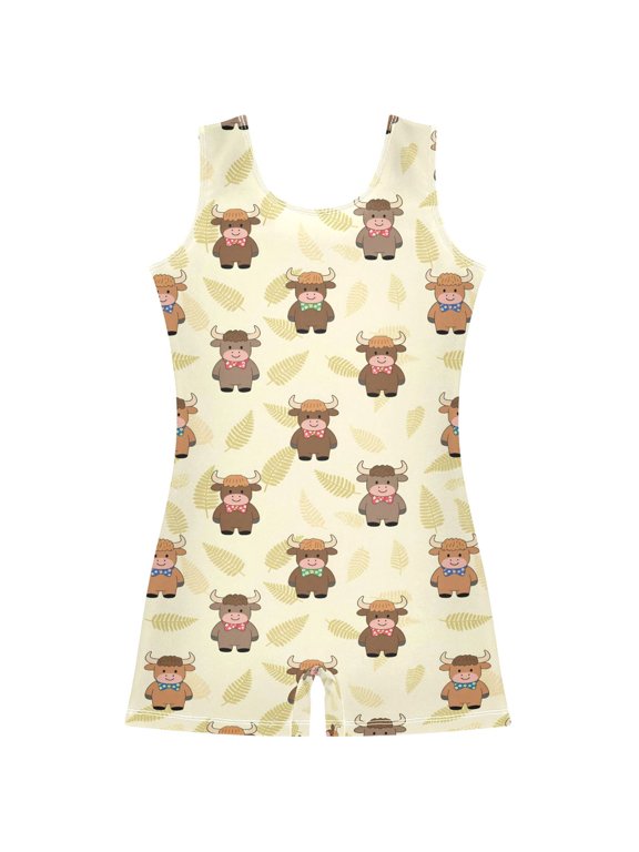 Cartoon Highland Cattles Pattern Girls Leotards Gymnastics Tumbling Outfit Biketard Unitard 9-10Years