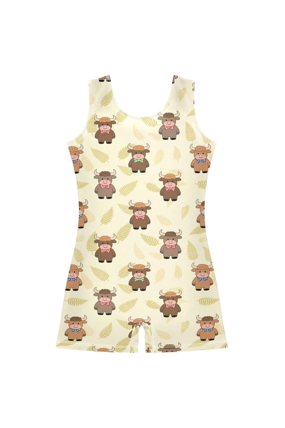 Cartoon Highland Cattles Pattern Girls Leotards Gymnastics Tumbling Outfit Biketard Unitard 9-10Years
