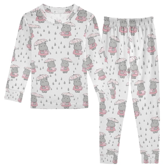 joogoo Cartoon Hippo in Rain 2 Piece Long Sleeve Tee and Pants Cotton Pajama Set 4T