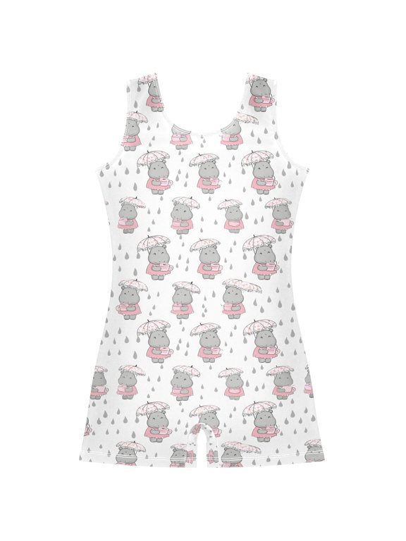 Cartoon Hippo in Rain Pattern Girls Leotards Gymnastics Tumbling Outfit Biketard Unitard 3-4Years