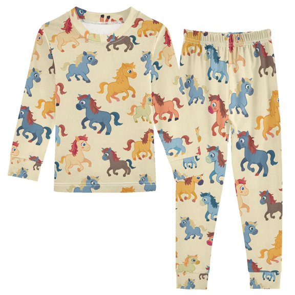 joogoo Cartoon Horse 2 Piece Long Sleeve Tee and Pants Cotton Pajama Set 3T