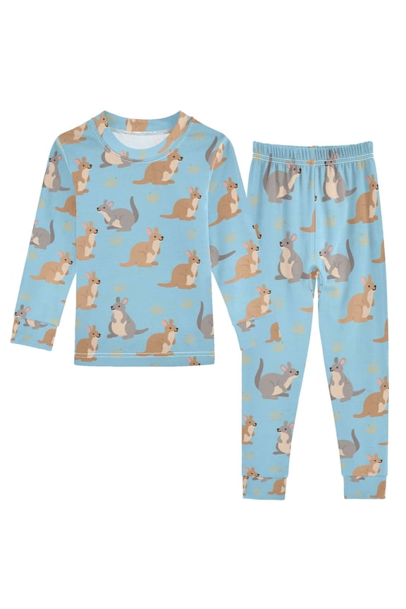 Cartoon Kangaroo Blue 2 Piece Long Sleeve Tee and Pants Cotton Pajama Set 4T