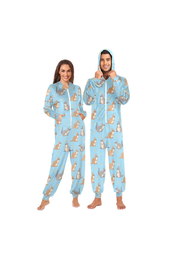 Cartoon Kangaroo Blue Unisex Adults Onesies Pajamas Jumpsuits XL