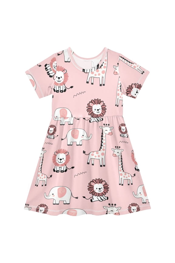 Cartoon Lion Giraffe Elephant Girls' Short Sleeve Dress Kids Dresses 5-6T
