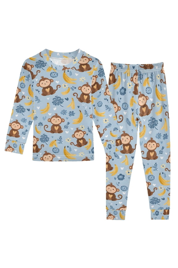 Cartoon Monkey Bananas 2 Piece Long Sleeve Tee and Pants Cotton Pajama Set 3T