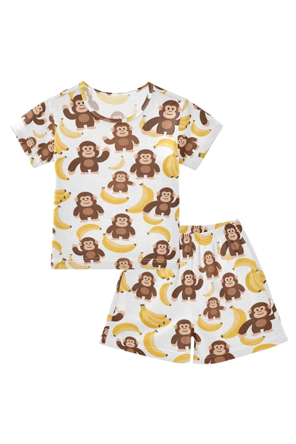 Cartoon Monkey Bananas Cute Pattern Pajama Sets Short Sleeve Cotton 2-Piece Sleepwear 8Y