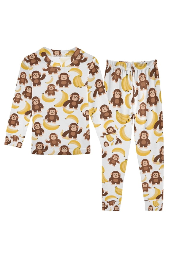 Cartoon Monkey Bananas Cute Pajamas Set Long Sleeve Soft Cotton Sleepwear 2 Piece 18M