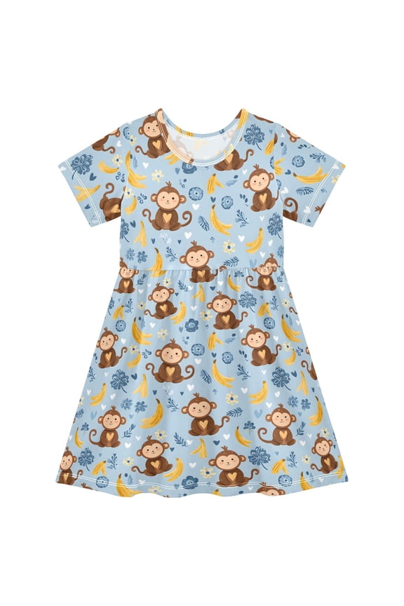 Cartoon Monkey Bananas Girls' Short Sleeve Dress Kids Dresses 5-6T