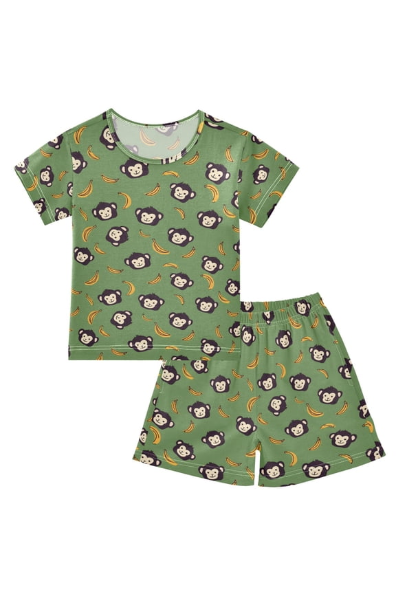 Cartoon Monkey Bananas Pajama Sets Short Sleeve Cotton 2-Piece Sleepwear 14Y