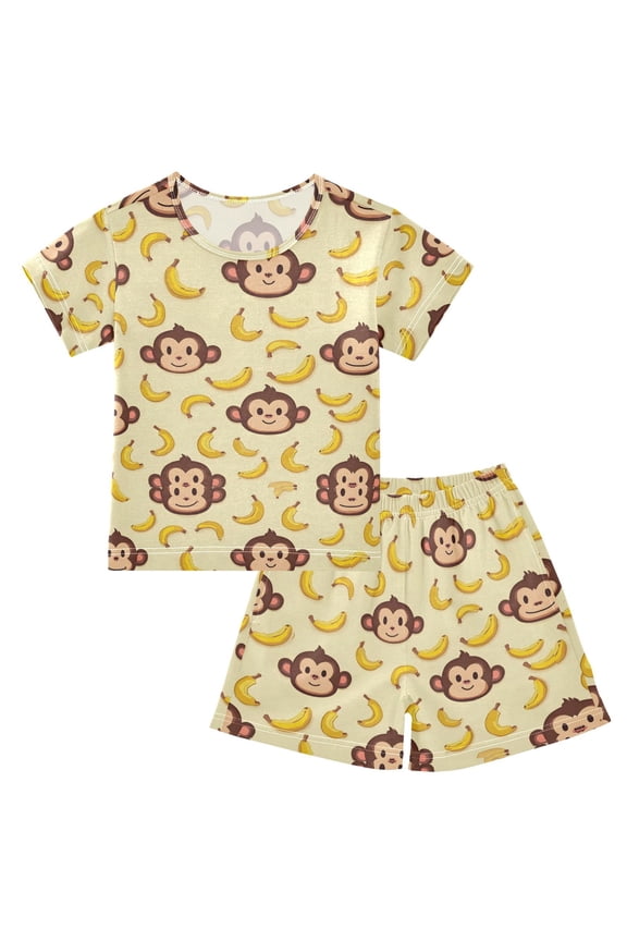 Cartoon Monkey Bananas Pajama Sets Short Sleeve Cotton 2-Piece Sleepwear 8Y