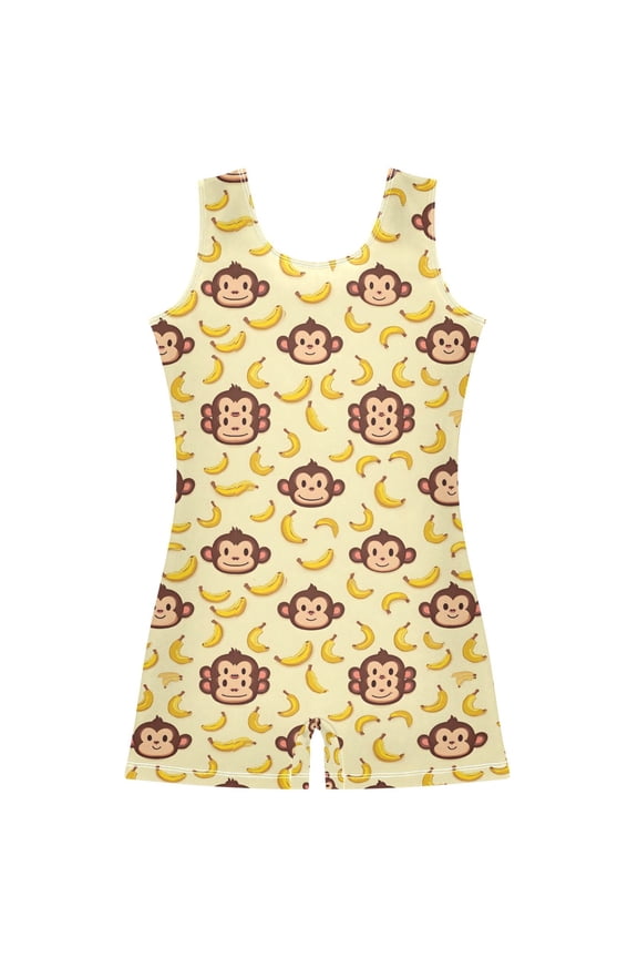 Cartoon Monkey Bananas Pattern Girls Leotards Gymnastics Tumbling Outfit Biketard Unitard 3-4Years