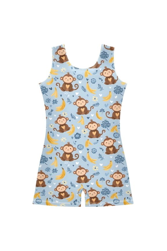 Cartoon Monkey Bananas Pattern Girls Leotards Gymnastics Tumbling Outfit Biketard Unitard 7-8Years