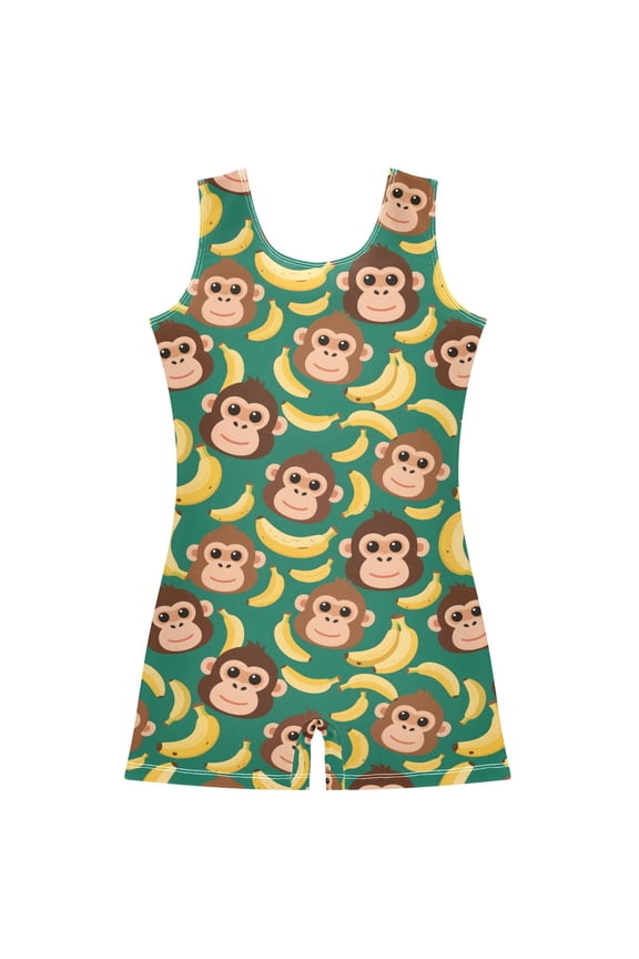 Cartoon Monkey Bananas Pattern Girls Leotards Gymnastics Tumbling Outfit Biketard Unitard 9-10Years