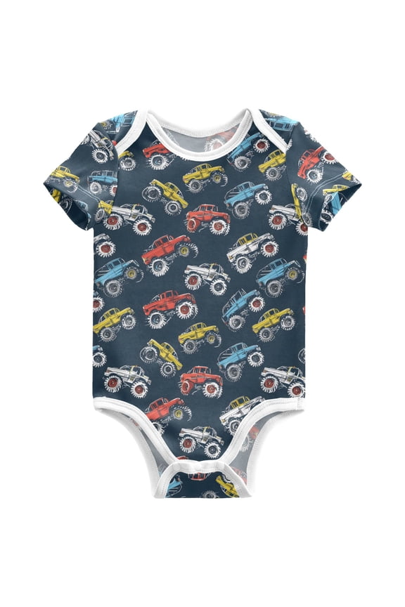 Cartoon Monster Trucks Comic Pattern Baby Bodysuits Short Sleeve Cotton Onesies Clothes 9Months