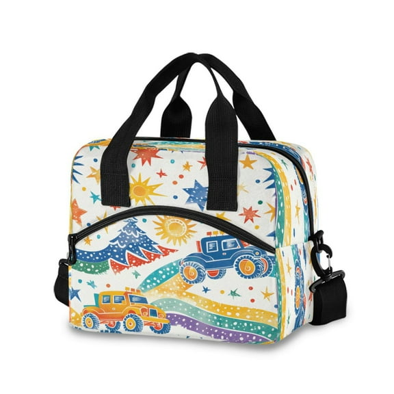 joogoo Cartoon Monster Trucks Insulated Lunch Bags Reusable Cooler Box with Shoulder Strap