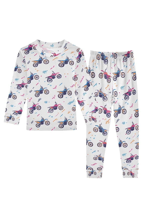 Cartoon Motorcycles 2 Piece Long Sleeve Tee and Pants Cotton Pajama Set 8Y