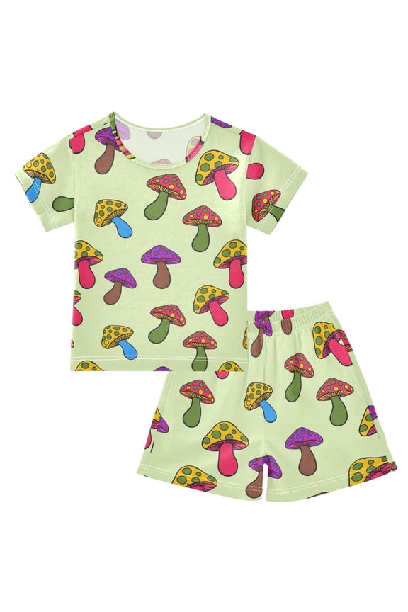 Cartoon Mushroom Pattern Pajama Sets Short Sleeve Cotton 2-Piece Sleepwear 12Y