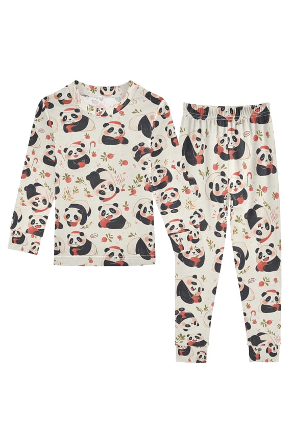 Cartoon Pandas 2 Piece Long Sleeve Tee and Pants Cotton Pajama Set 8Y