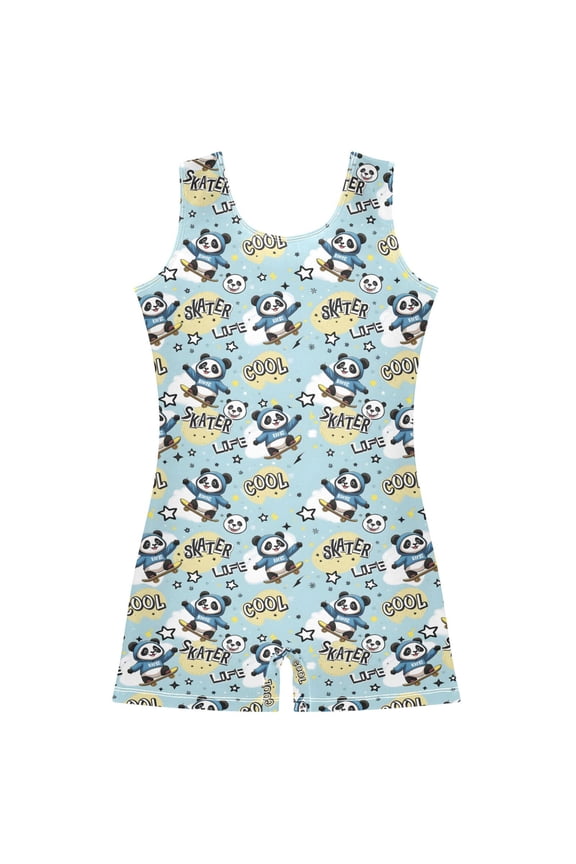 Cartoon Pandas Skating Pattern Girls Leotards Gymnastics Tumbling Outfit Biketard Unitard 9-10Years
