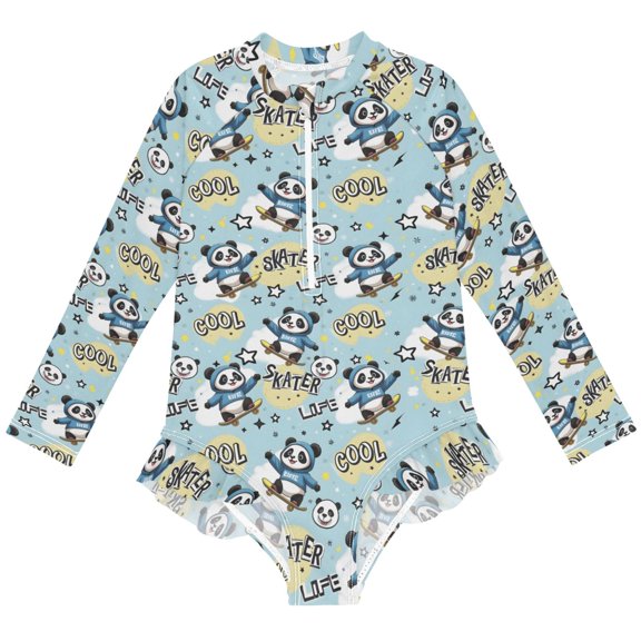 joogoo Cartoon Pandas Skating Pattern Girls One-Piece Swimsuits UPF 50+ Long Sleeve Rash Guard Bathing Suit 3 Years