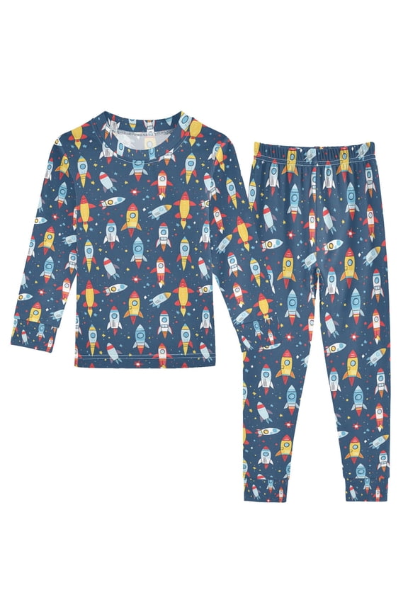 Cartoon Rockets Ships 2 Piece Long Sleeve Tee and Pants Cotton Pajama Set 5Y