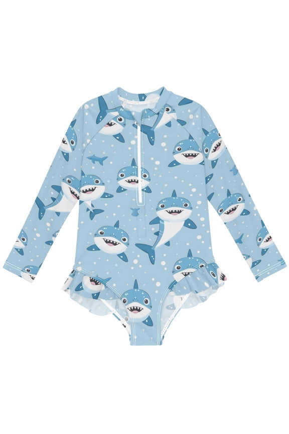 Cartoon Shark Pattern Girls One-Piece Swimsuits UPF 50+ Long Sleeve Rash Guard Bathing Suit 9-10 Years