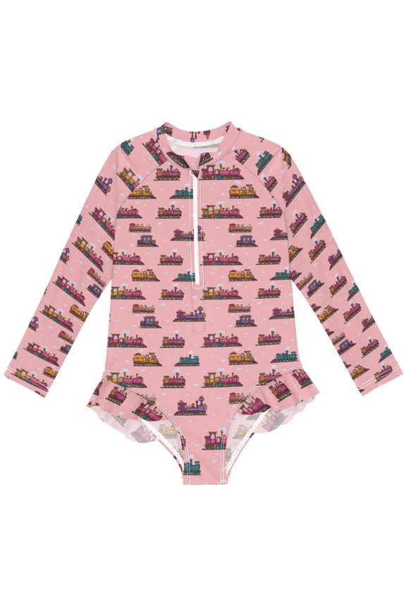 Cartoon Trains Pattern Girls One-Piece Swimsuits UPF 50+ Long Sleeve Rash Guard Bathing Suit 9-10 Years