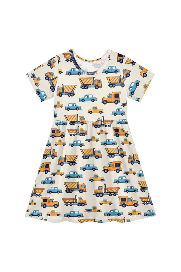 Cartoon Truck Cars Girls' Short Sleeve Dress Kids Dresses 3T