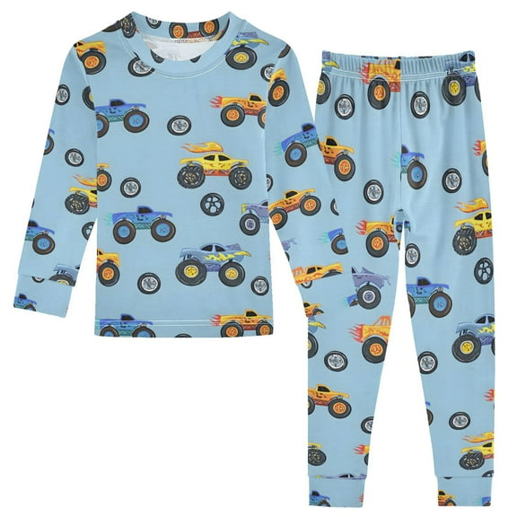 joogoo Cartoon Trucks Vehicle-t9 2 Piece Long Sleeve Tee and Pants Cotton Pajama Set 8Y