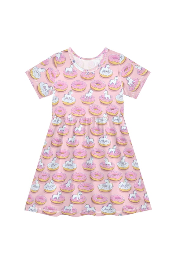 Cartoon Unicorn Donuts Girls' Short Sleeve Dress Kids Dresses 2T
