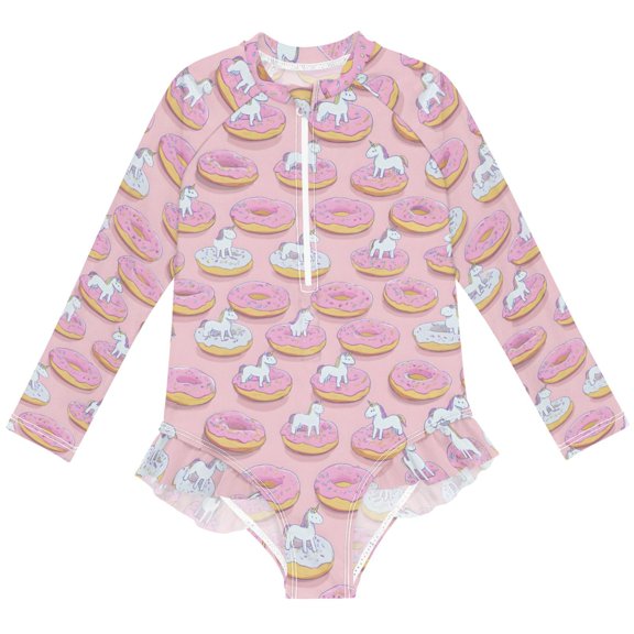 joogoo Cartoon Unicorn Donuts Pattern Girls One-Piece Swimsuits UPF 50+ Long Sleeve Rash Guard Bathing Suit 9-10 Years