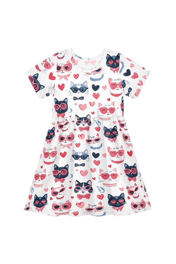 Cat Cartoon Girls' Short Sleeve Dress Kids Dresses 5-6T