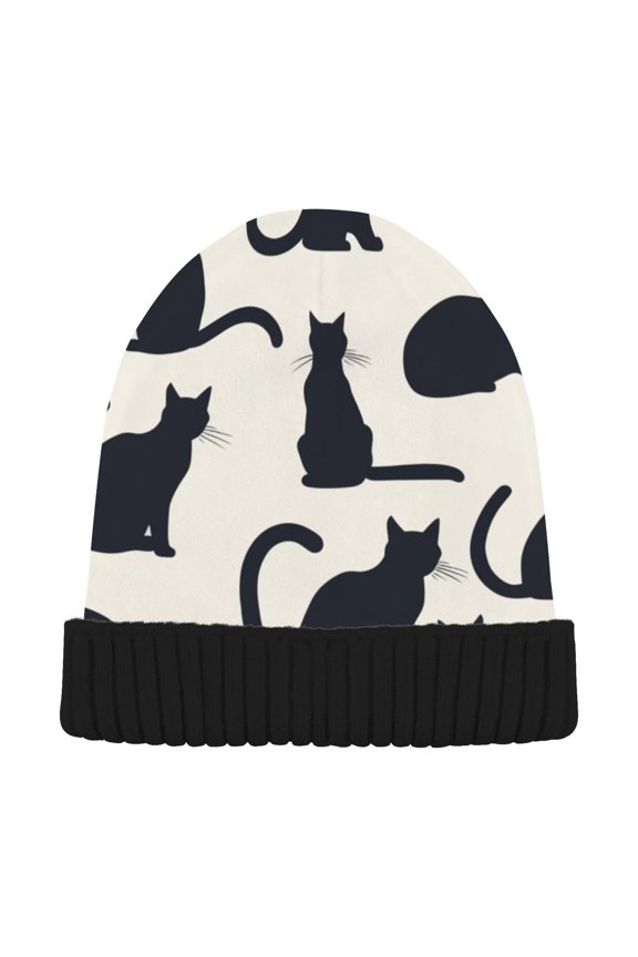 Cat Pattern Beanie Hats Men Women Cuffed Skull Cap Winter Warm Knit Thick Beanies