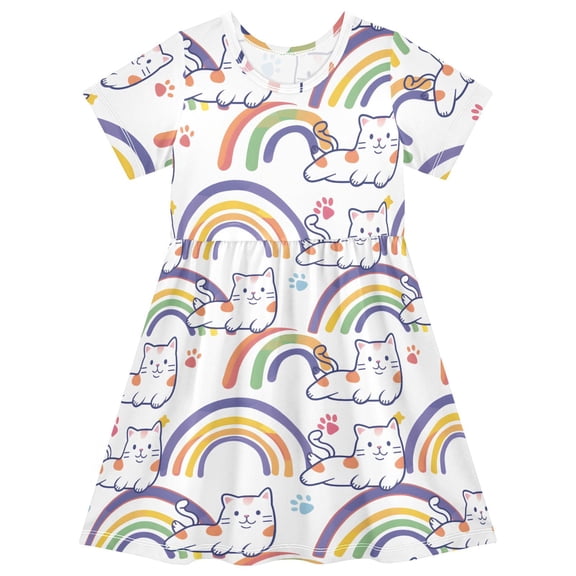 joogoo Cat Paw Print Rainbow Girls' Short Sleeve Dress Kids Dresses 5-6T