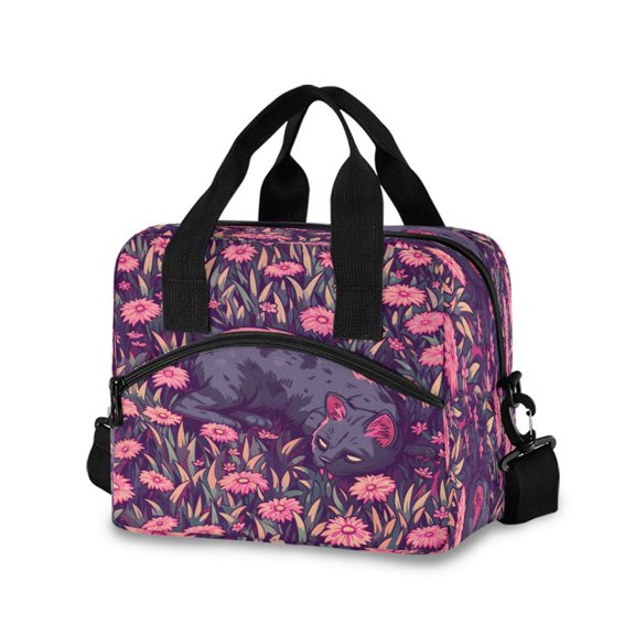 joogoo Cat in Wild Flowers Insulated Lunch Bags Reusable Cooler Box with Shoulder Strap