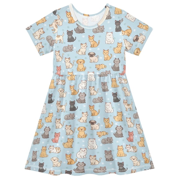 joogoo Cats Dogs Paw Girls' Short Sleeve Dress Kids Dresses 5-6T