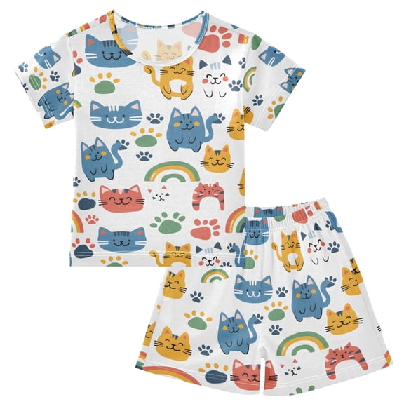 joogoo Cats and Rainbow Pattern Pajama Sets Short Sleeve Cotton 2-Piece Sleepwear 10Y
