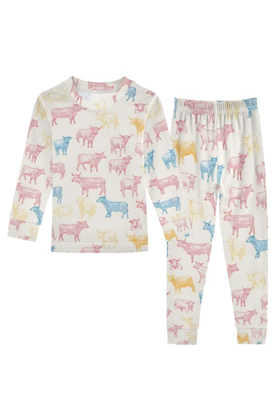 Cattles Pattern 2 Piece Long Sleeve Tee and Pants Cotton Pajama Set 5Y