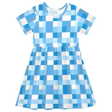 joogoo Checkered Blue and White Girls' Short Sleeve Dress Kids Dresses 5-6T