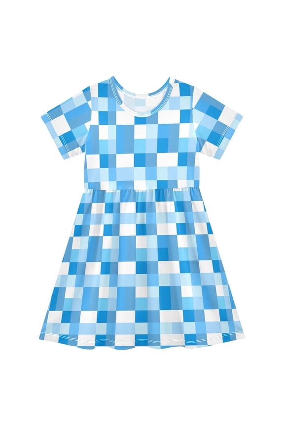 Checkered Blue and White Girls' Short Sleeve Dress Kids Dresses 5-6T