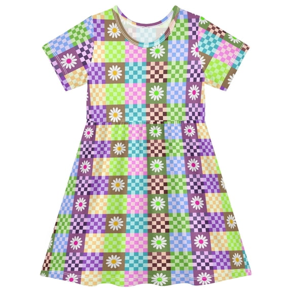 joogoo Checkered Floral Girls' Short Sleeve Dress Kids Dresses 5-6T
