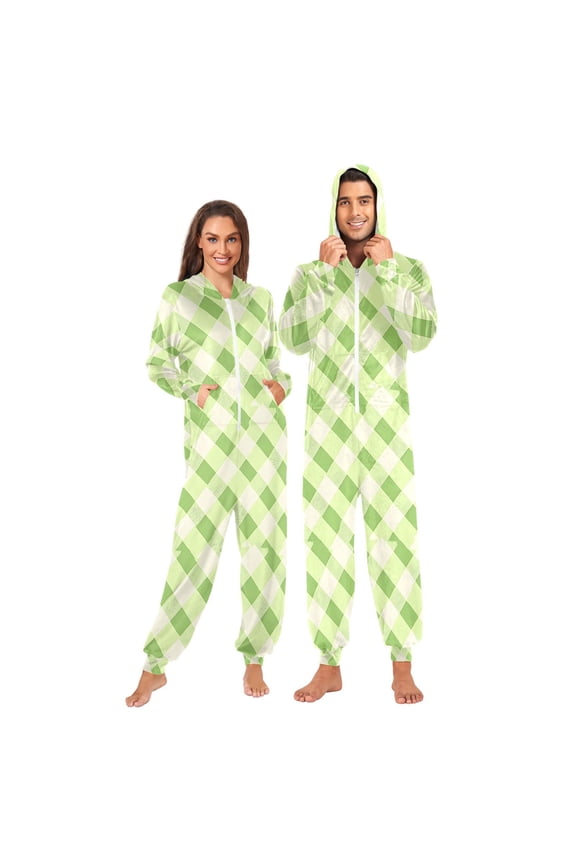 Checkered Grid Green Unisex Adults Onesies Pajamas Jumpsuits M