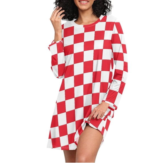 joogoo Checkered Grid-t9 Women's Long Sleeve Nightgown Sleepwear L